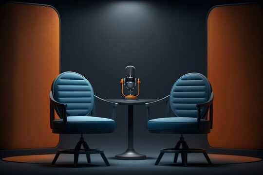 two chairs and microphones in podcast or interview room isolated, generative ai