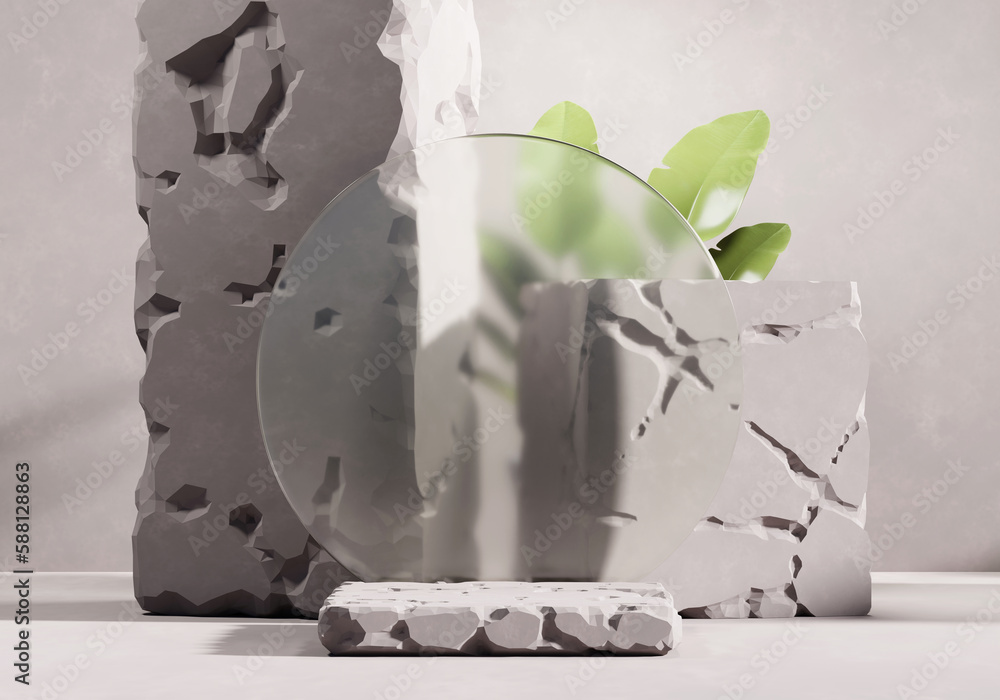 Poster 3d rendering block of stone platform podium with plant product presentation background