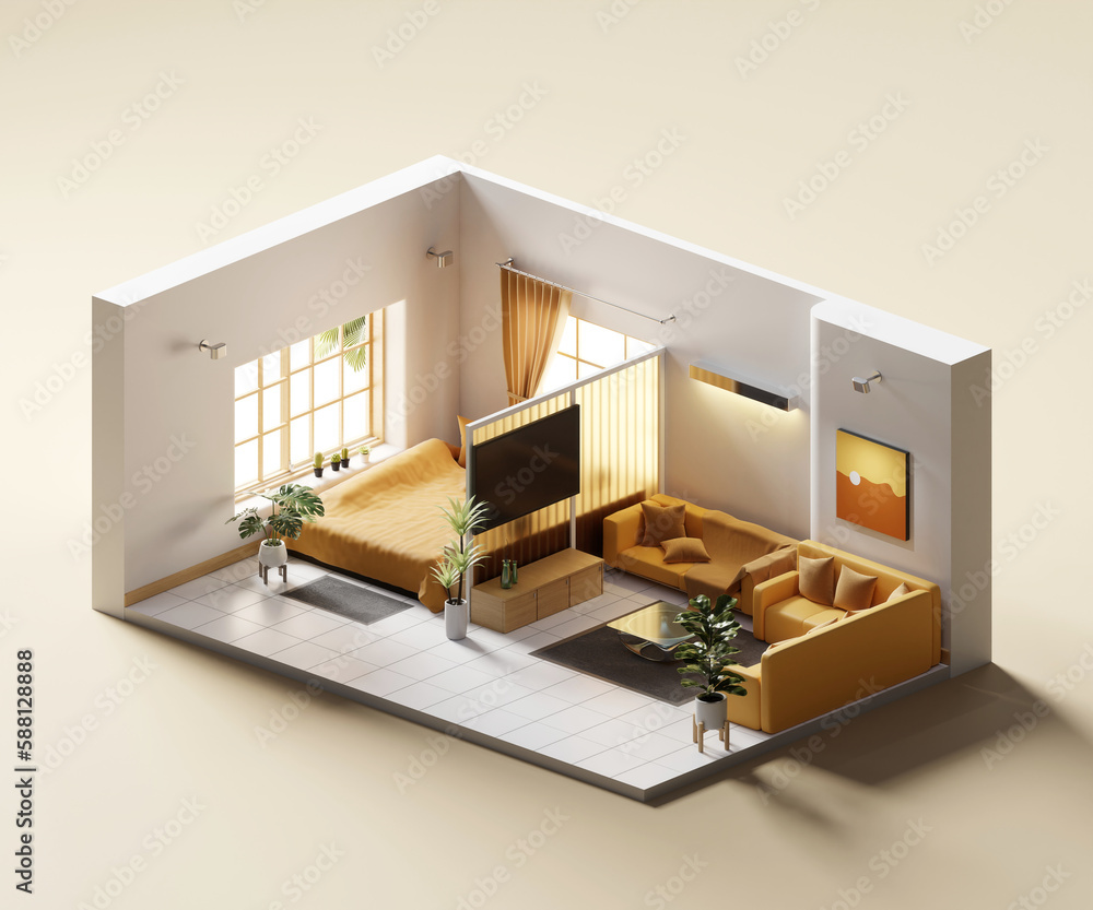 Poster isometric view bed room open inside interior architecture 3d rendering digital art