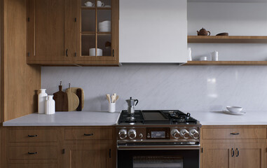 Spacious wooden kitchen with white marble. 3d rendering.