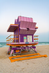 Fototapeta premium pink lifeguard at miami beach. lifeguard at miami beach in summer. lifeguard at miami beach vacation