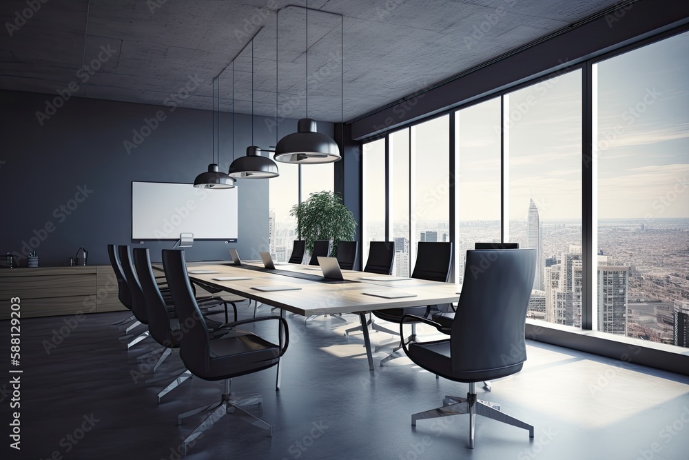 Wall mural modern conference room with panoramic view of a bustling city. generative ai