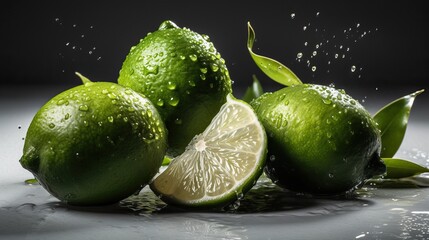 Fototapeta na wymiar Fresh green limes with drops of water on a white background