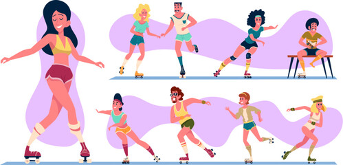 People skaters. Vintage old style active people rollers exact vector fitness activity concept illustrations
