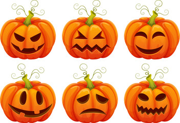 Halloween pumpkins. Cartoon hallolween carved pumpkin smiles, carving funny squash jack characters isolated on white