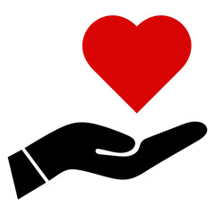 Red heart on black hand icon, flat style vector illustration object for care, love, valentine, health, charity, save, web, app, mobile, label, logo, sticker, stamp, UI. Isolated on white background.