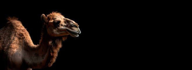 head profile closeup of camel isolated on black background with copyspace area