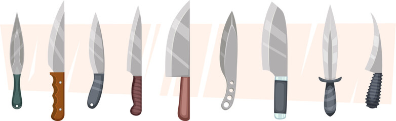 Knives. Items for kitchen or battle weapons steel knives for cutting food sharp blades exact vector cartoon collections