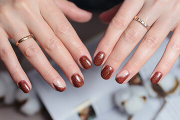 Obraz na płótnie Canvas Female hands with nail design close-up. Manicure with gel polish