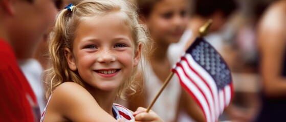 Smiling little girl waving a US flag at a parade. Generative AI - obrazy, fototapety, plakaty