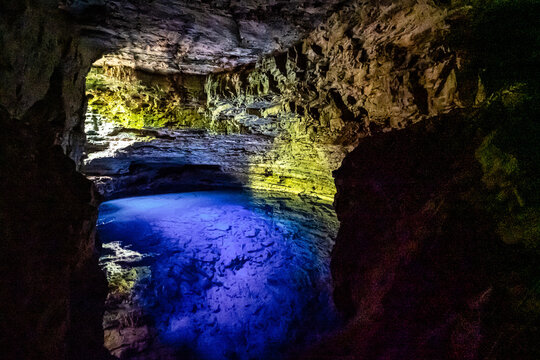 The blue water of Poco Encantado or Enchanted Well, in a cave at Itaete, Chapada Diamantina, Bahia, Brazil