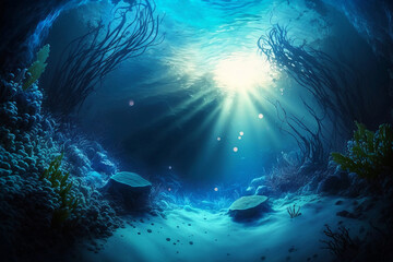 sunlight penetrates the deep ocean, underwater view with coral, serenity feel, eco-friendly concept. Generative AI