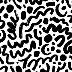 Line doodle seamless pattern with blobs. Hand drawn curved brush strokes and dots. Creative abstract style art background. Expressive seamless vector pattern. Messy doodles, bold curvy lines.