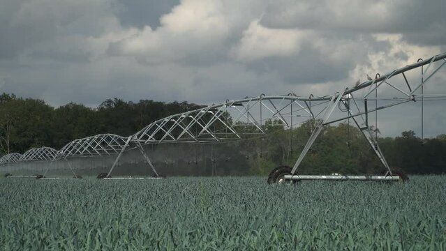 View of an Irrigation System Watering Crop Fields near Blois, France
