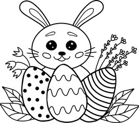 Easter bunny with an Easter egg. Black and white vector illustration for coloring. Detailed pattern of black contour flowers on a white background.