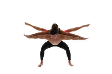 Fototapeta na wymiar sport yoga couple isolated on white. sport yoga couple in studio. sport yoga couple