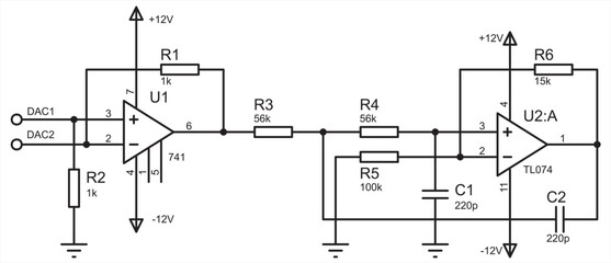 Schematic diagram of electronic device.
Vector drawing electrical circuit with operational amplifier,  resistor, capacitor 
and other electronic components.