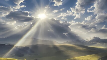 Obraz na płótnie Canvas Majestic Mountain Landscape with Sun Beams in Ukrainian Carpathians