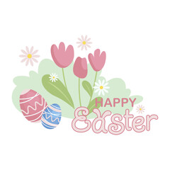Happy Easter vector illustration concept with easter egg, spring flowers and typography. Graphics in a modern style, cartoon character. Ideal for social media post, poster, sticker, cover or postcard.