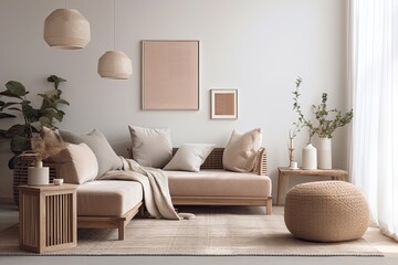modern living room with stylish furniture and decorations. Generative AI