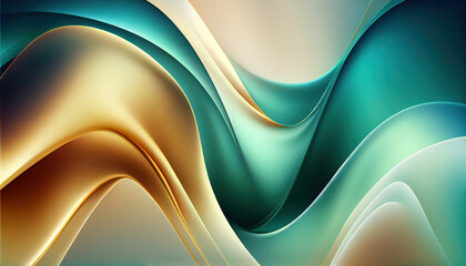 Abstract Shiny neon glass translucent wavy composition with gradient transition, blue white beige gold elegant clean background - generative AI.
