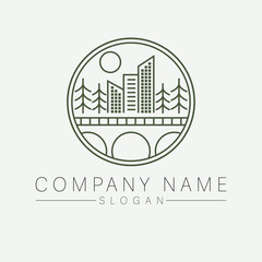 Real estate company vector logo design. Bridge and city modern logotype. City landscape flat logo template.