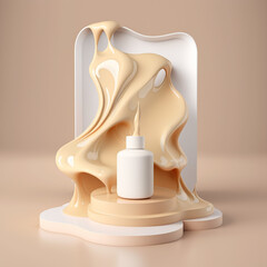 Liquid Round Foundation Splash Swirl on Studio Background - 3D Beige Display for Showcasing Beauty Products and Cosmetics Promotion. Generative AI