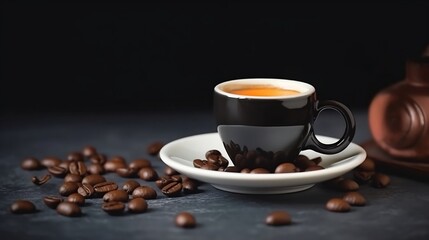 Fototapeta premium Espresso Coffee Cup With Beans On Vintage Table. Generative AI
