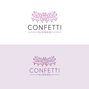 Confetti vector logo design. Flags and confetti sparkles logotype. Luxury and fun logo template.