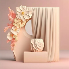Beauty Product Presentation: Beige Background, Stone Vase with Pink Flower, and Copy Space for summer and spring. Generative AI