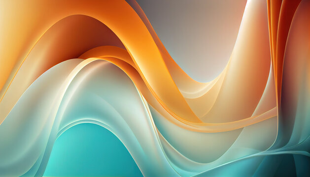 Abstract Shiny neon glass translucent wavy composition with gradient transition, yellow white blue orange turquoise elegant clean background - generative AI.