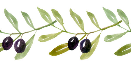 Seamless pattern with watercolor olive branches. Hand drawn illustration.