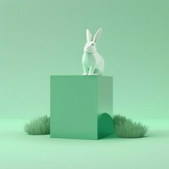 Nature-Inspired Minimal Podium: A Mock up for Cosmetic Product Presentation on Pastel Green Background with Green Grass in spring and summer. Generative AI