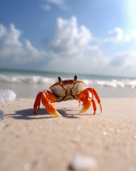red crab on the beach - created with Generative AI technology  - obrazy, fototapety, plakaty