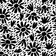 Vector seamless pattern with ink drawing wild flowers, monochrome artistic botanical illustration. Repeatable floral monochrome artistic backdrop.