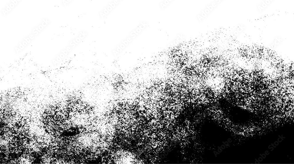 Poster Monochrome texture composed of irregular graphic elements. Distressed uneven grunge background. Abstract vector illustration. Overlay for interesting effect and depth. Isolated on white background.