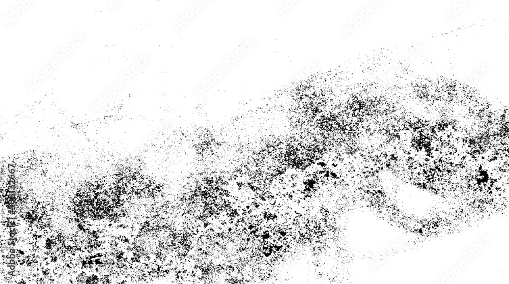Poster Monochrome texture composed of irregular graphic elements. Distressed uneven grunge background. Abstract vector illustration. Overlay for interesting effect and depth. Isolated on white background.