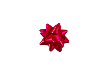 Red gift bow on an isolated white background. Top view, flat lay