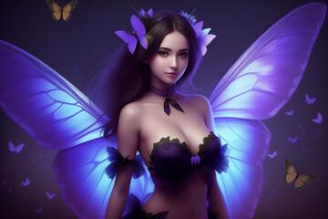 A butterfly fairy with luminous blue wings on a dark night background. AI generative