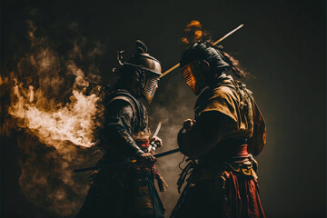 person with sword, samurai duel with rivals in the evening the atmosphere is tense, with the smoke heating up. Generative AI