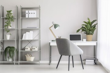 interior home office shelf trendy computer decor technology lifestyle pc job. Generative AI.