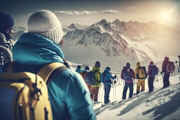 Alpine Adventure: Group of Friends Skiing Through a Scenic Snowy Mountain Landscape. Generative AI