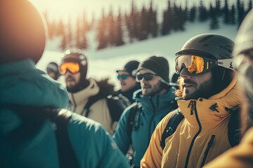 Alpine Adventure: Group of Friends Skiing Through a Scenic Snowy Mountain Landscape. Generative AI