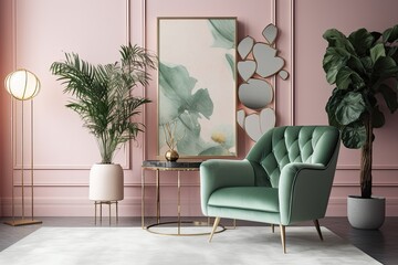 cozy living room with pink walls and a statement green chair. Generative AI