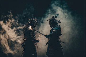 Fototapeta na wymiar knight on horseback, samurai duel with rivals in the evening the atmosphere is tense, with the smoke heating up. Generative AI