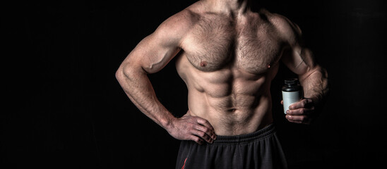 muscular bodybuilder with steroids, copy space. muscular bodybuilder with steroids jar.