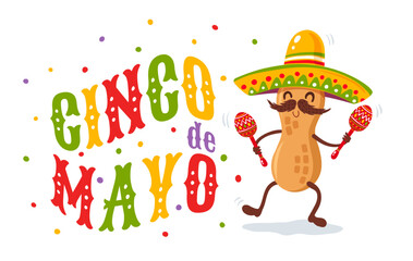 Vector illustration of peanut in sombrero for Cinco de mayo festival.