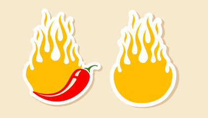 Vector stickers with chilli pepper and fire for special offer. Vector set banners with chili pepper for hot price.