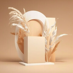 Podium for cosmetic promotion featuring pampas grass, beige background, and shadow play: An abstract minimal studio composition. Generative AI