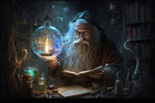 Fantastic beautiful wizard making spells in his cell. Creative vector illustration design character. Magic and wizardry. Ai generated